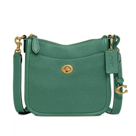 Coach Polished Pebbled Leather Chaise Crossbody Bag NWT Bright Green Gold - Picture 1 of 9